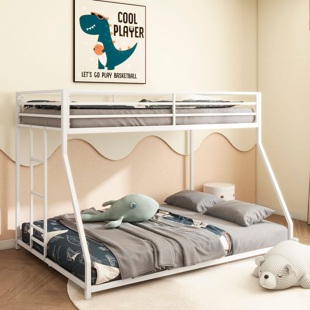 Sturdy Twin over Full Bunk Bed Metal White for Kids and Adult, Low Profile and Easy Climbing with Stable Ladder