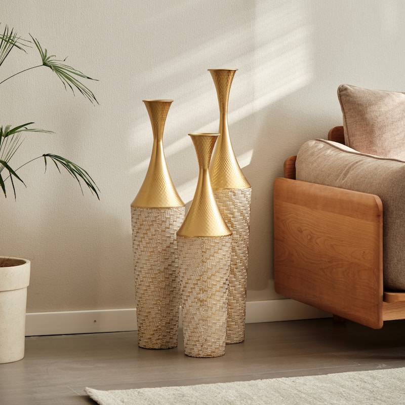 Set of 3 Modern Gorgeous Large Glazed Floor Metal Vase (28"/32"/35" H) - Champagne