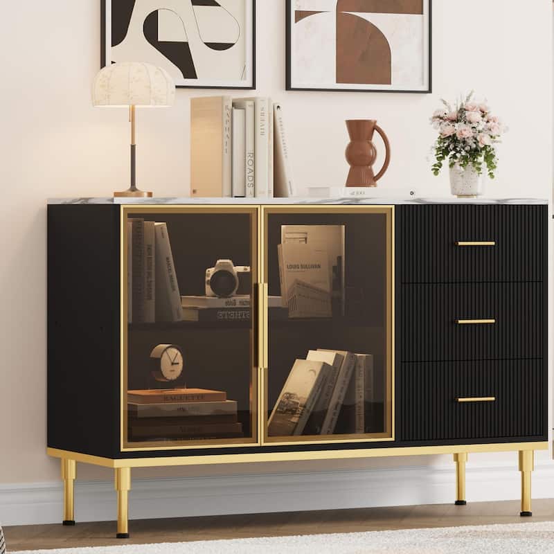 Fluted Sideboards Buffets Cabinet with Glass Doors, 3 Drawers, Marble Top Kitchen Sideboard Cabinet - Black