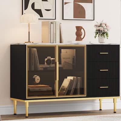 Sideboard Buffet Cabinet, 48" Kitchen Sideboard Cabinet with 3 Fluted Glass Doors Removable Shelves