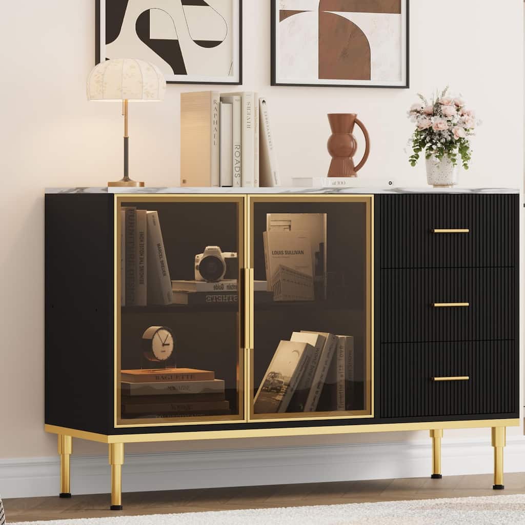 Sideboard Buffet Cabinet, 48" Kitchen Sideboard Cabinet with 3 Fluted Glass Doors Removable Shelves