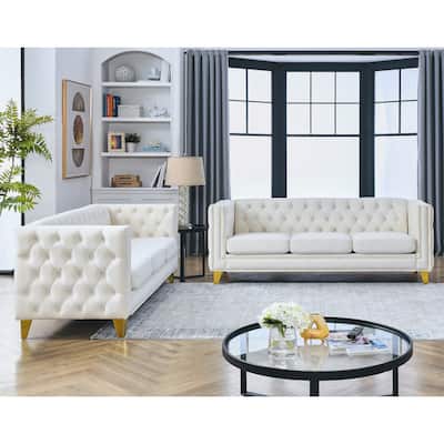 Modern Velvet Sofa Button - Tufted Square Arm 3+3 Couch with Upholstered Finish and Metal Legs for Living Room