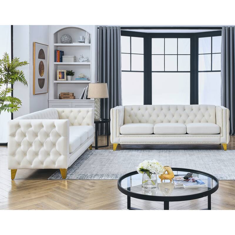 Velvet Chesterfield Sofa Set for Living Room, 3+3 Beige Sofa with Button Tufting, Square Arms, and Metal Legs