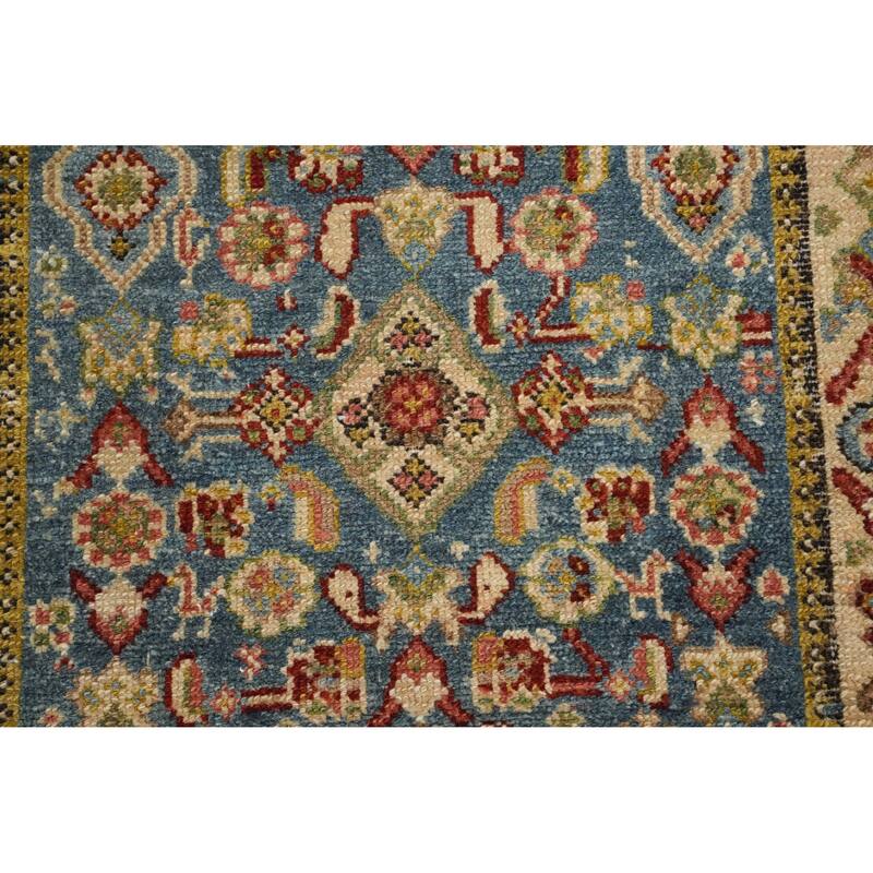 Hand Knotted Oriental 100% Wool Carpet Traditional Geometric Navy Blue & Blues Malayer Runner Rug - 15' 10'' X 3' 1''