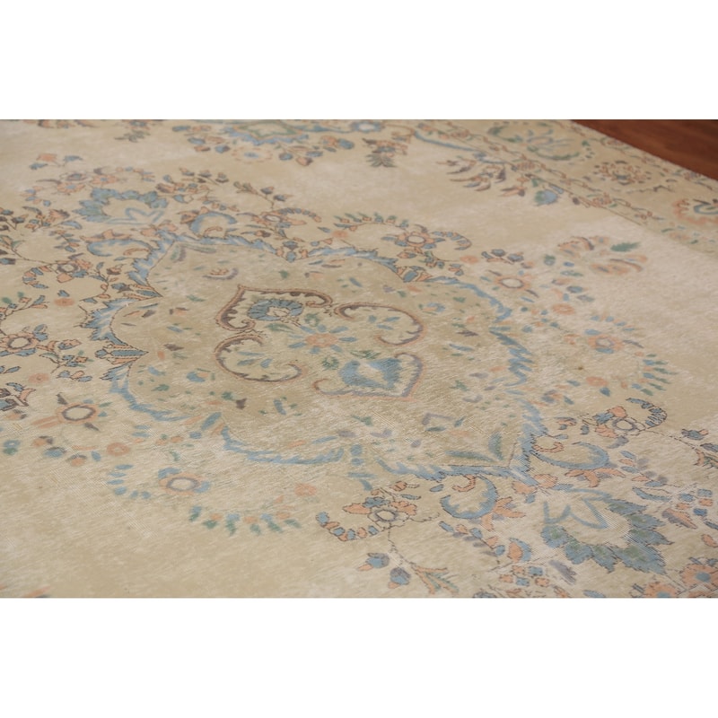 Floral Tabriz Persian Area Rug Beige Bedroom Handmade Wool Carpet - 9'6"x 12'9"