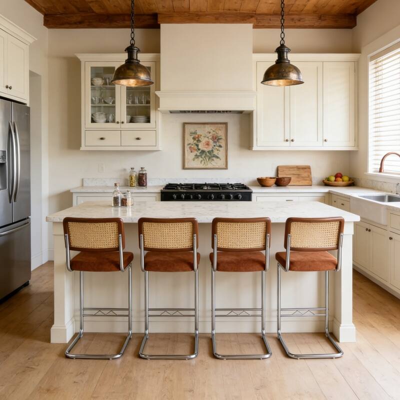 Natural Rattan & Solid Wood Bar Stool Set of 4 - 25" Medieval Modern Style with PU Seat & Chrome Legs