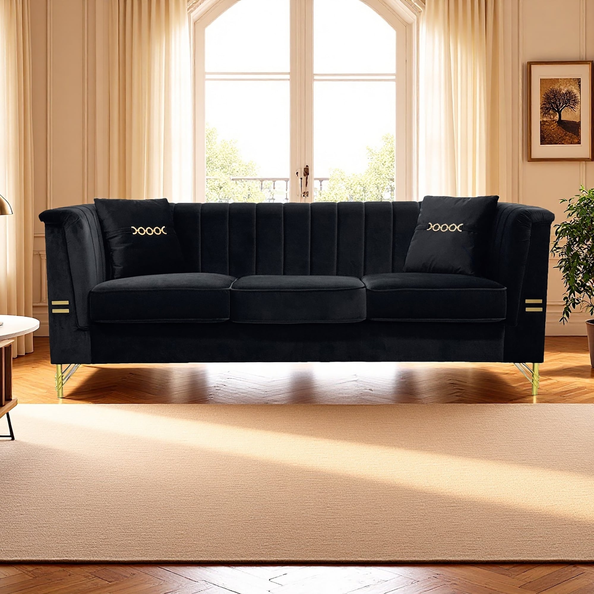 82.67" Modern Velvet 3-Seater Sofa with Vertical Channel Tufted Backrest and Gold Metal Legs and 2 Pillows for Living Room