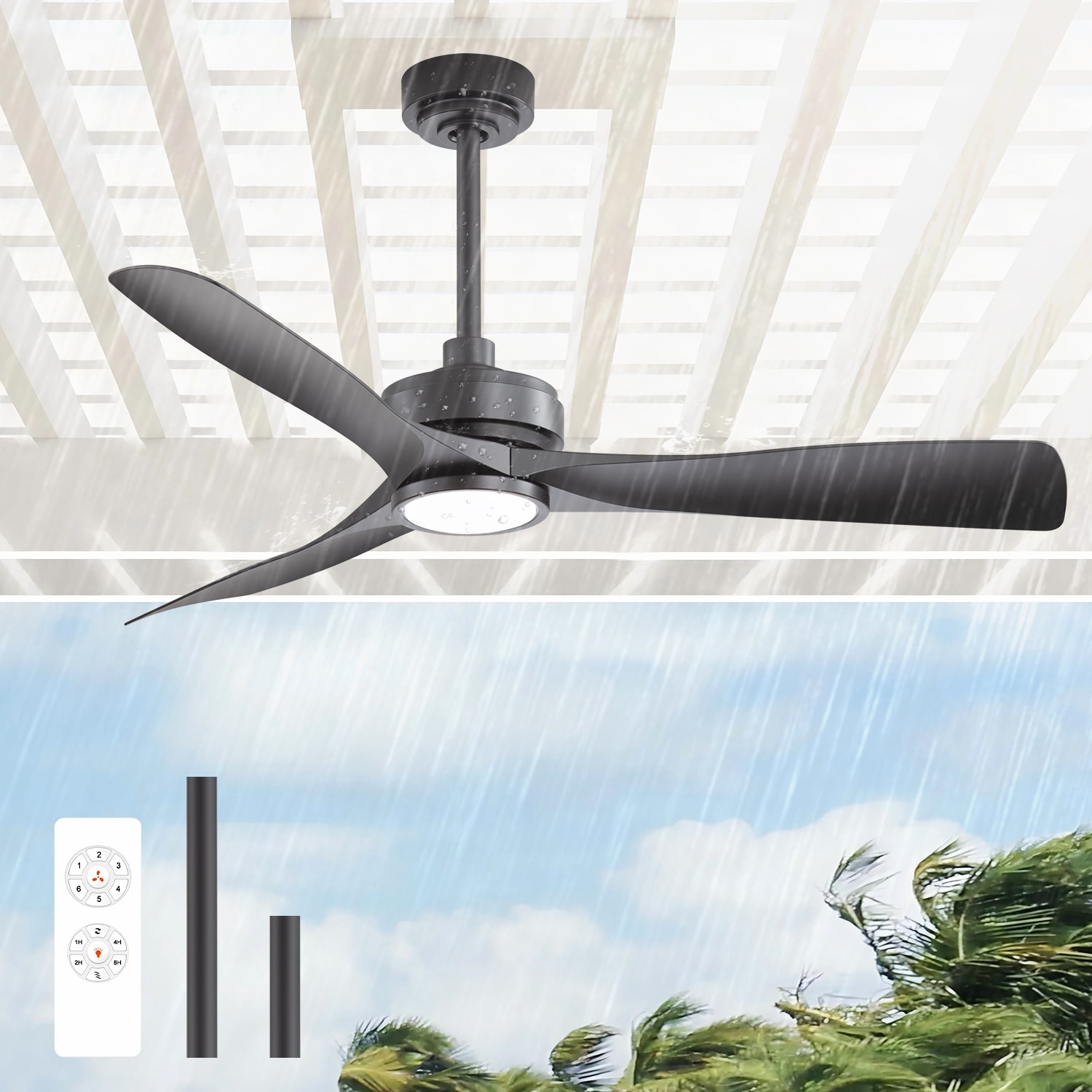 52-Inch Waterproof Outdoor Ceiling Fan with Dimmable LED Light, ABS Blades,6-Speed DC Motor, Remote, Black