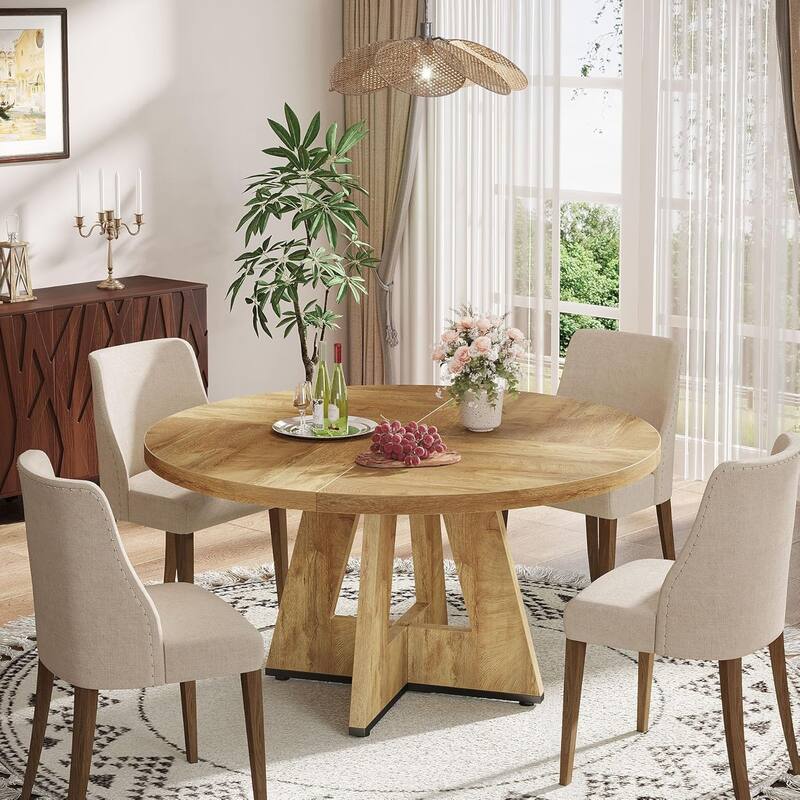 47" Round Dining Table for 4-6 People Rustic Wood Table with Pedestal Base for Kitchen Dining Room Living Room