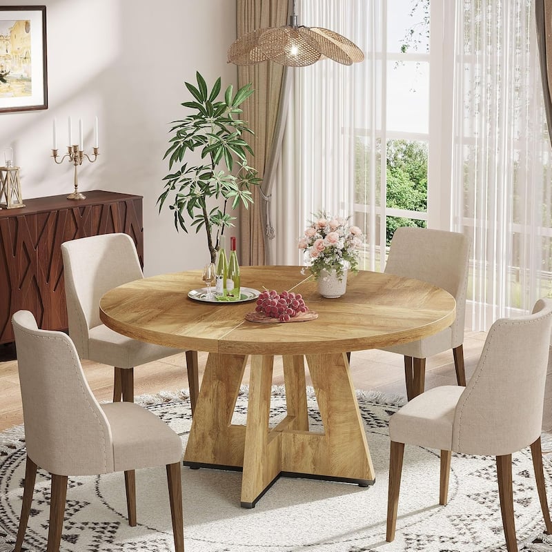 47" Round Wood Dining Table 4-Seater Farmhouse with Wooden Tabletop Cross Base for Dining Room/Kitchen