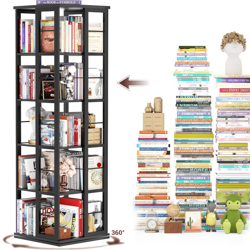 5-Tier Corner Rotating Bookshelf, 360 Display Wood Spinning Bookshelf, Floor Standing Bookcase Organizer Storage Rack
