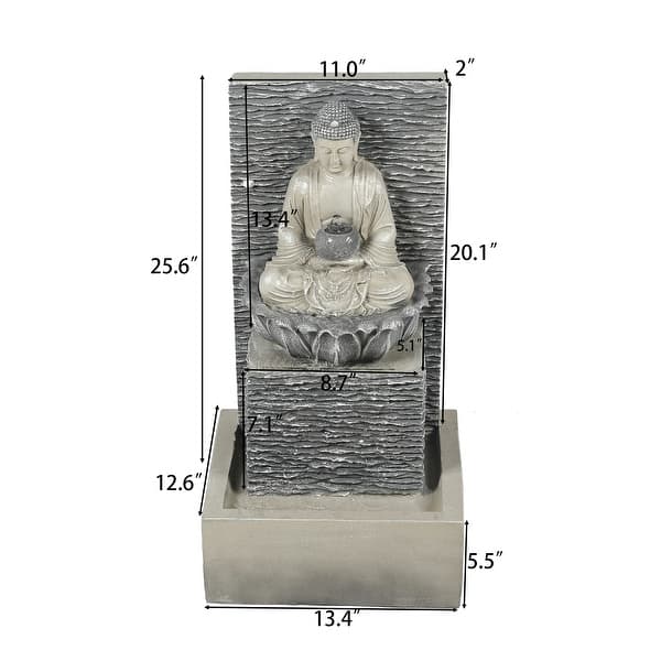 dimension image slide 2 of 2, Grey Resin Meditating Buddha on Pedestal Outdoor Patio Fountain with LED Light