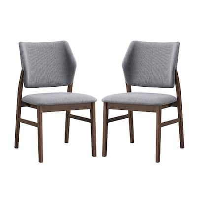 Set of 2 Linen Upholstered Dining Chairs with Wingback in Light Gray and Walnut