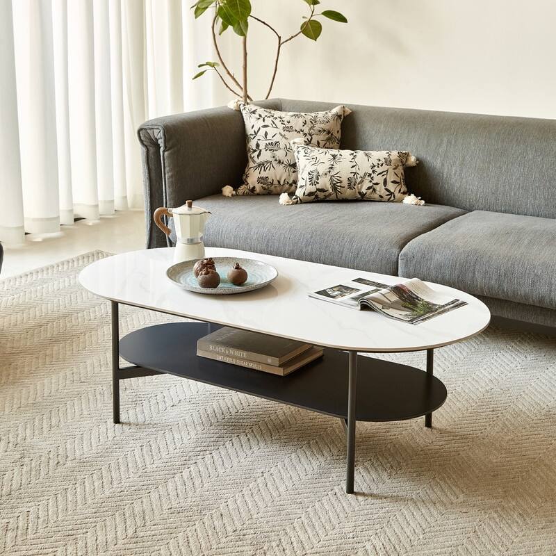 Modern Ceramic Coffee Table with Walnut Finish Shelf - Elegant Living Room Center Table