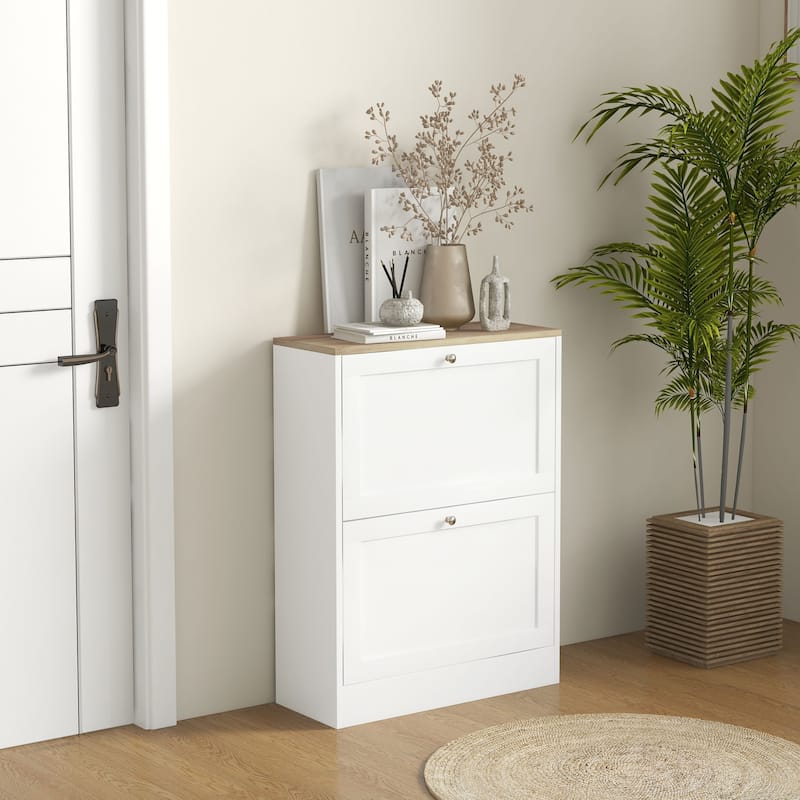 Slim Shoe Cabinet for Entryway, Hidden Shoe Storage Cabinet with 2 Flip Drawers and Adjustable Shelves for 12 Pairs of Shoes