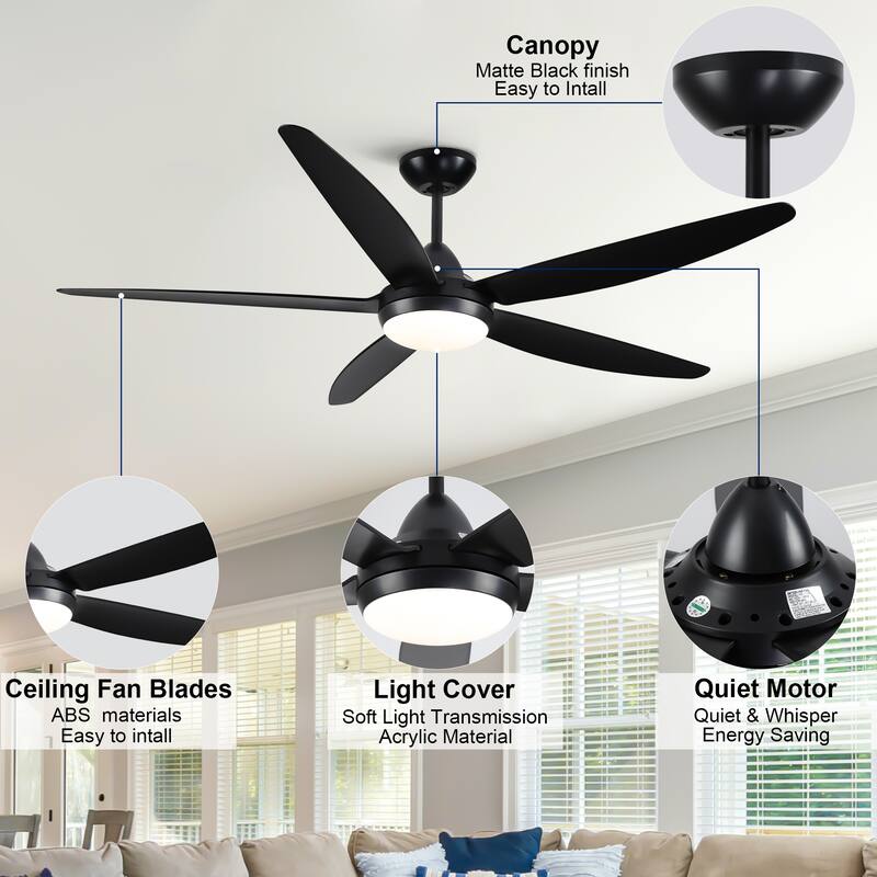 YUHAO 48 in. LED Indoor Matte Black Ceiling Fan with Integrated Light Kit and Remote Control