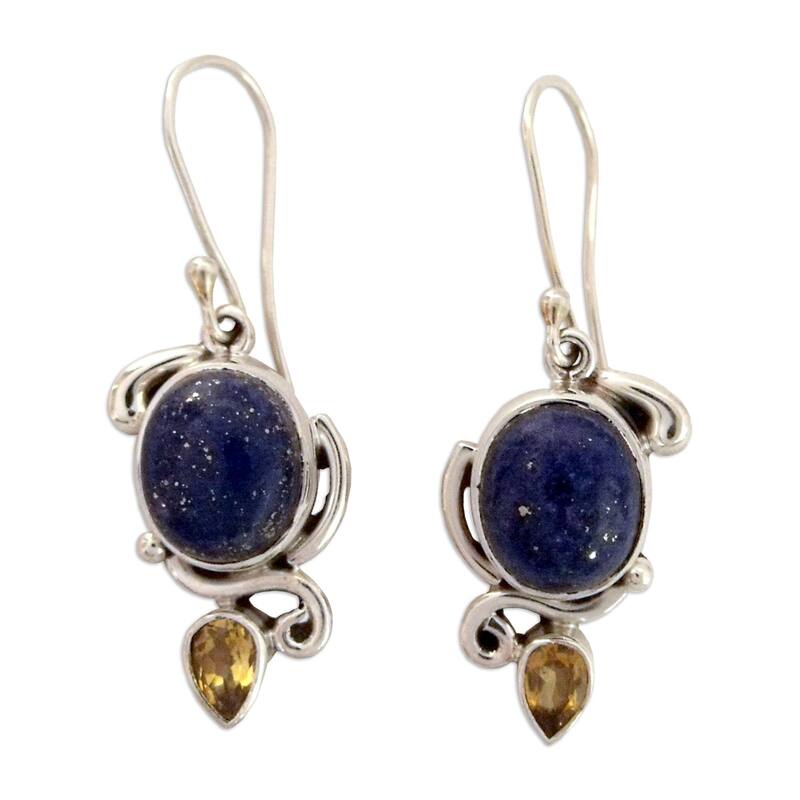 NOVICA Handmade Sterling Silver 'Royal Charm' Lapis Citrine Earrings (India) - 1.6*0.6 - White