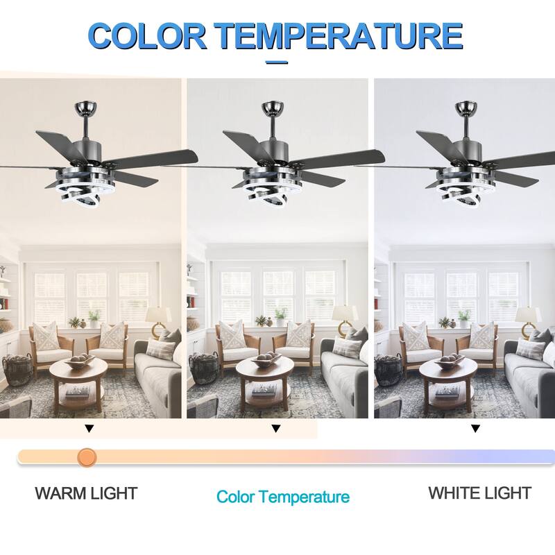 52Inch Modern DIY Shape Reversible Ceiling Fan with LED Light, 6-Speed Ceiling Fan with Remote for Large Room - 52 Inches