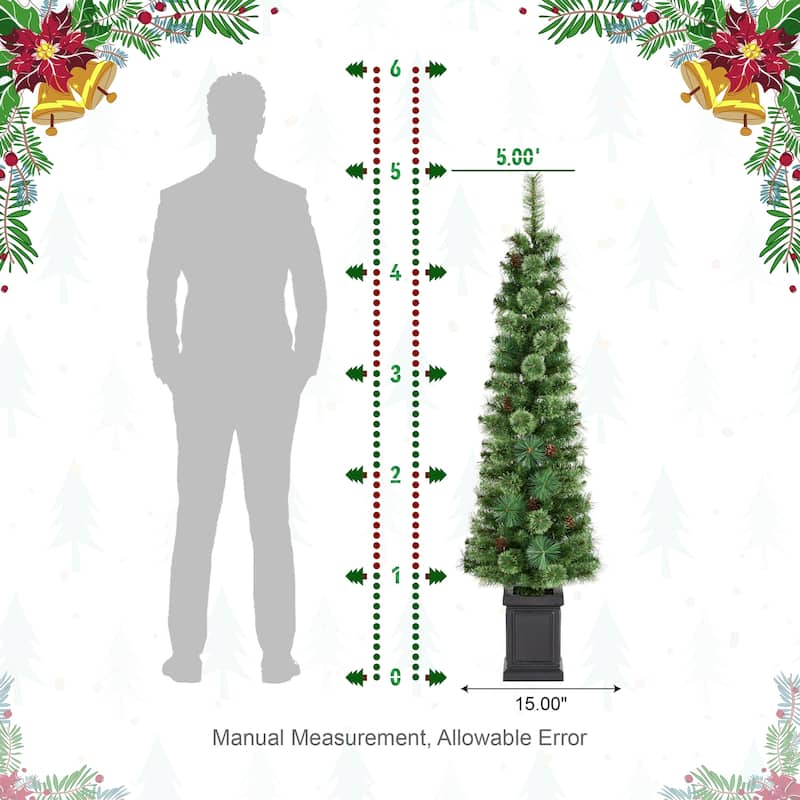 Glitzhome 5ft/6ft/7ft Pre-Lit Green Pine Christmas Potted Porch Tree with LED Lights and Remote Control