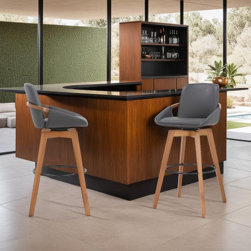 Baylor Mid-Century Swivel Bar Stool, Upholstered Counter Height Chair with Wood Frame - Grey & Walnut - Bar Height