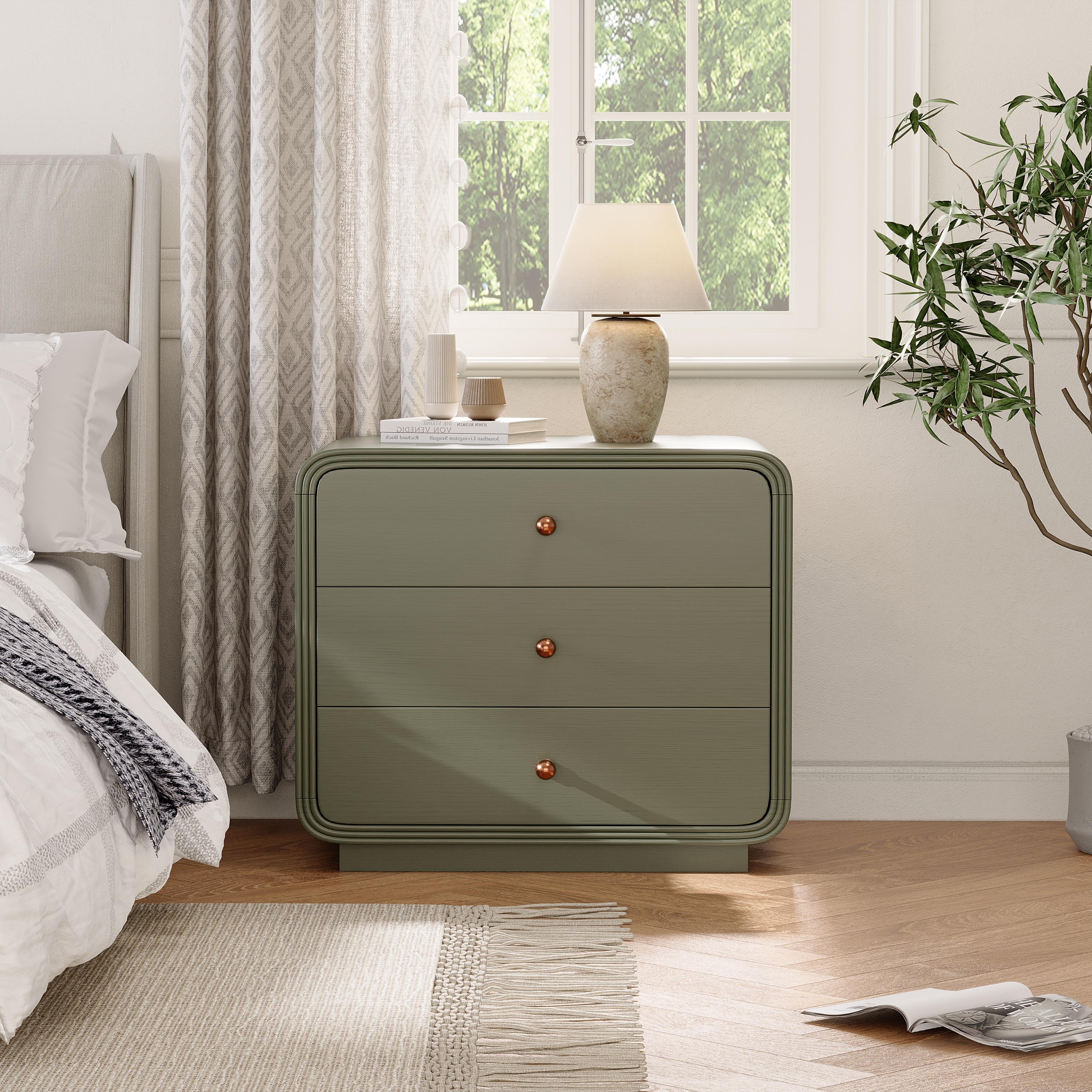 Christopher Knight Home - Verdant Modern Storage Nightstand with 3 Drawers and Curved-Edge Design