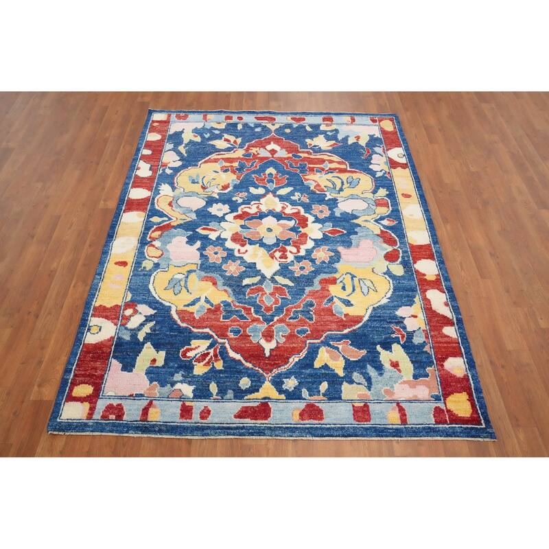 Hand Knotted Oriental 100% Wool Carpet Transitional Floral Navy Blue & Blues Oushak Area Rug - 6' 7'' X 5' 0''