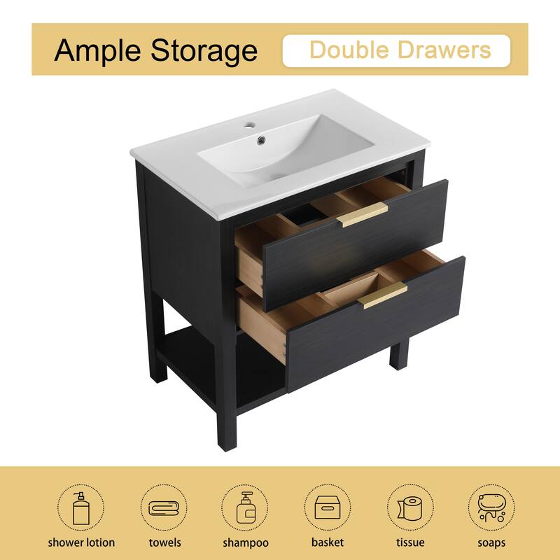 Malwee 30" FreeStanding Bathroom Vanity, Floor Stand Bathroom Vanity with Ceramic Sink,2 Soft Close Drawers