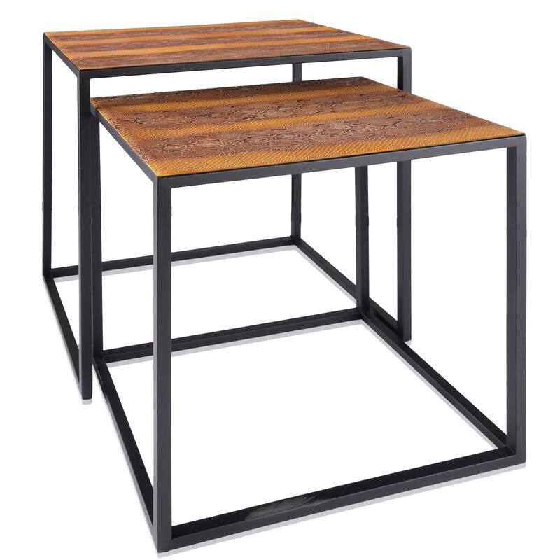 HomeRoots Set of Two Brown and Black Metal And Faux Snake Leather Nesting End Tables - 19.75' X '22' X '14