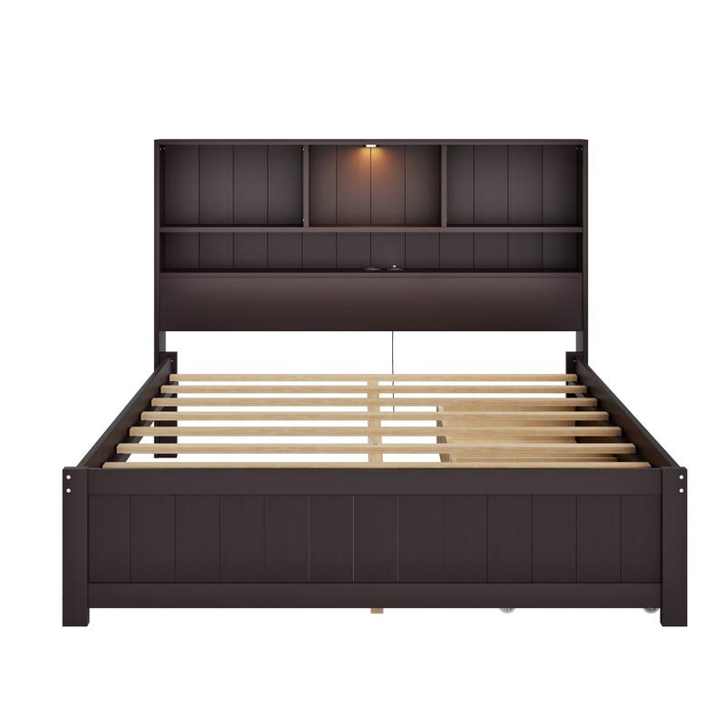 Wood Platform Bed with Bookcase Headboard, Built-in Downlight, Charging Station & 2 Side Drawers