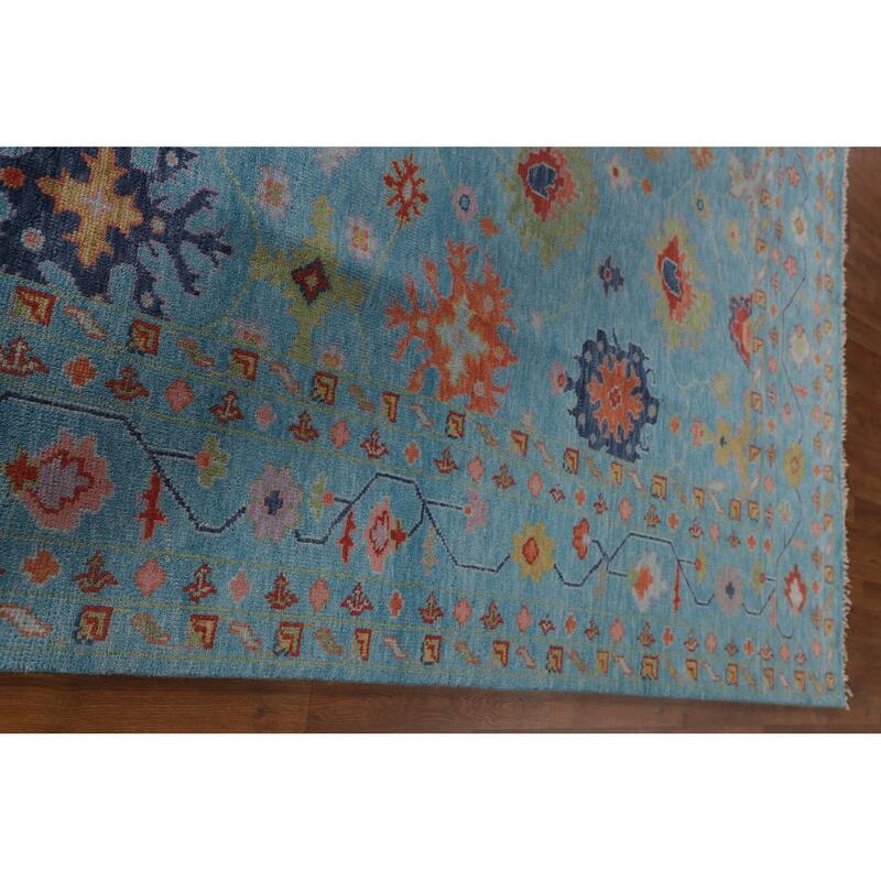 All-Over Blue Oushak Oriental Area Rug Hand-Knotted Wool Carpet - 9'0" x 11'11"