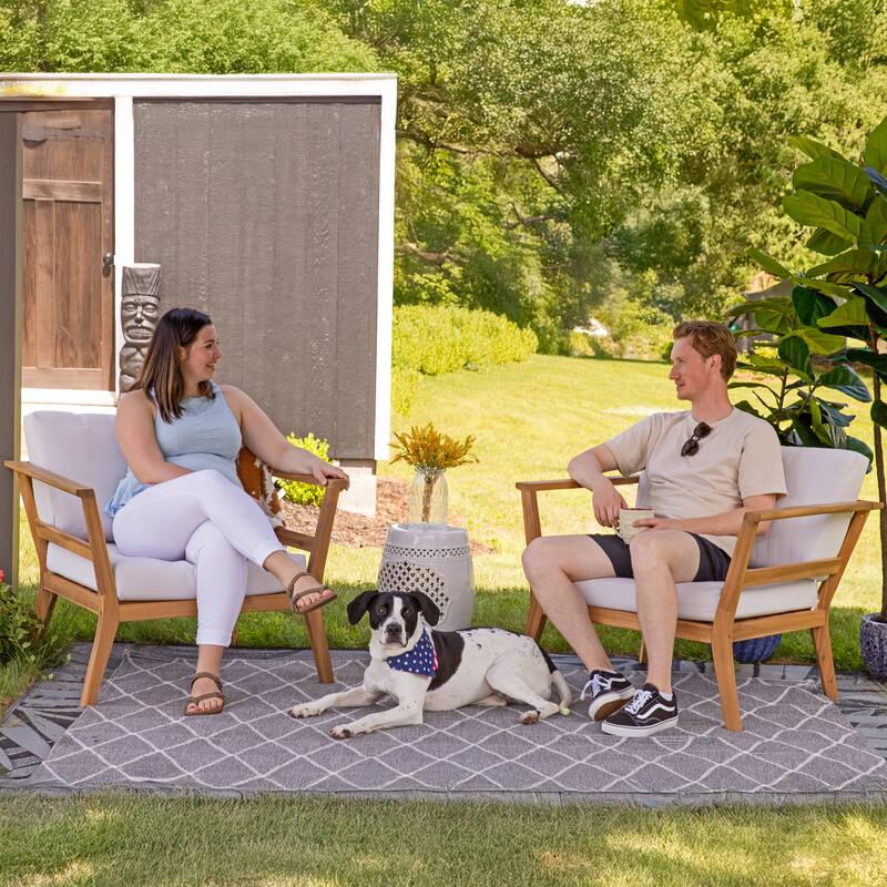 Sunnydaze Bodie Acacia Armchair with Cushions - Club Chair for Patio - Bone White Cushions - Set of 2