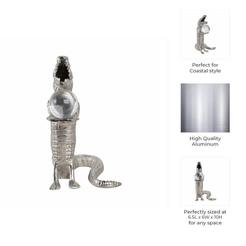 Metal Glass Alligator Figurine Holding Acrylic Clear Orb - 11" Silver - 6.5" x 5" x 10.5"