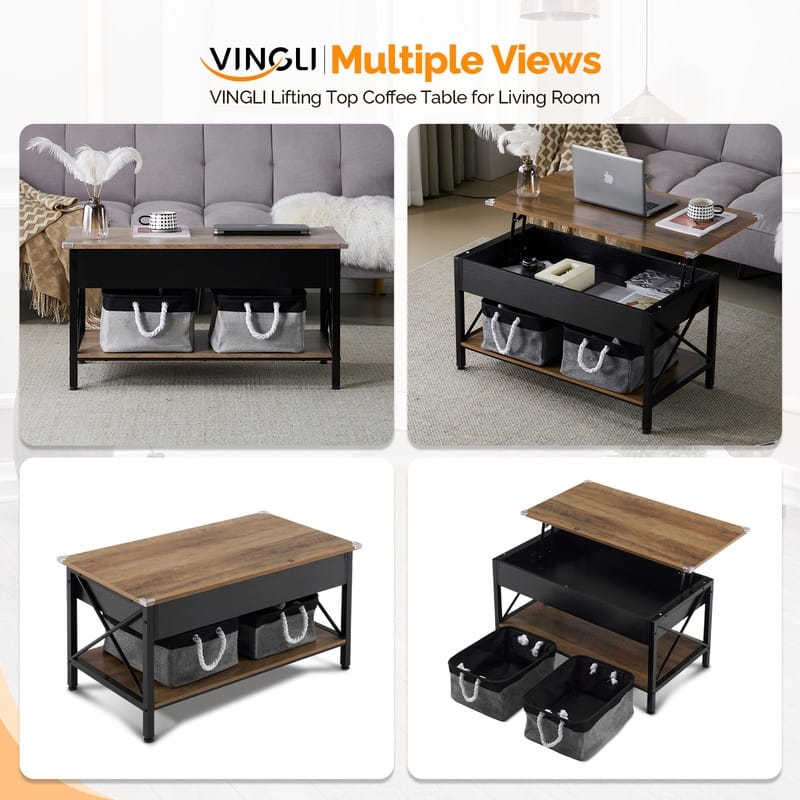 VINGLI Adjustable Side X-shaped Metal Frame Rectangular P2 Board Brown Panel Wood Grain Side Panel Coffee Table