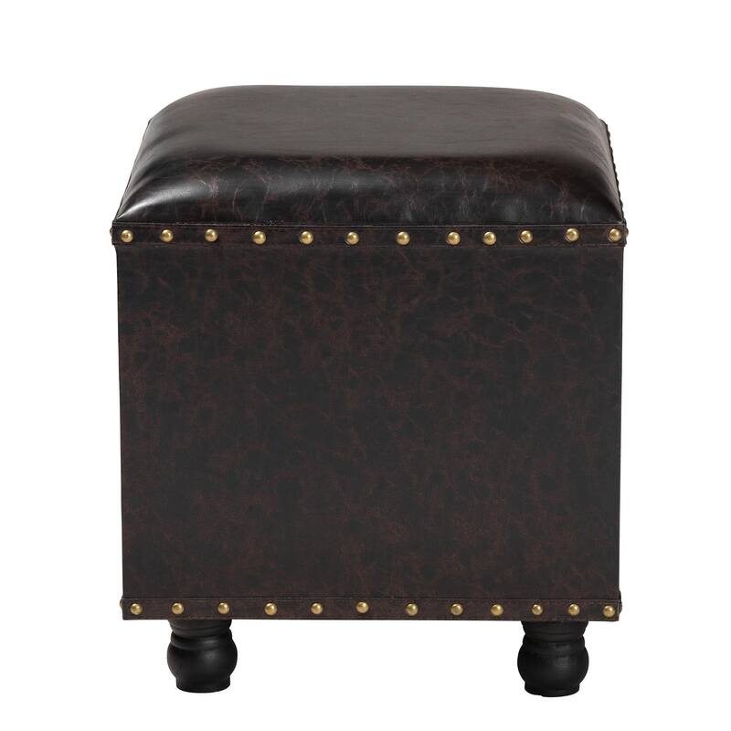 Rustic Dark Brown Faux Leather Storage Ottoman with Book Spine Drawer