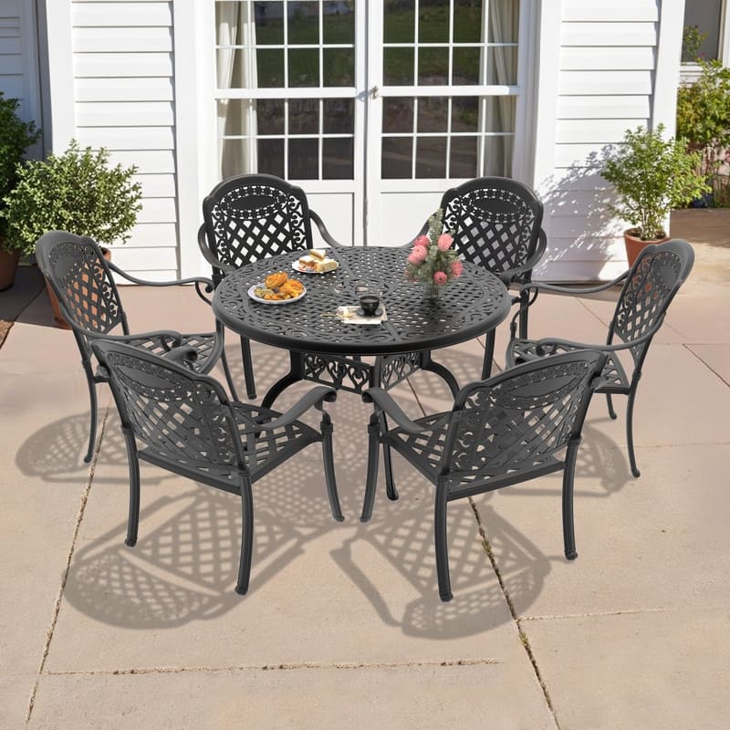 5/7-Piece Cast Aluminum Outdoor Dining Set with 48.03 in. Round Table and Cushions