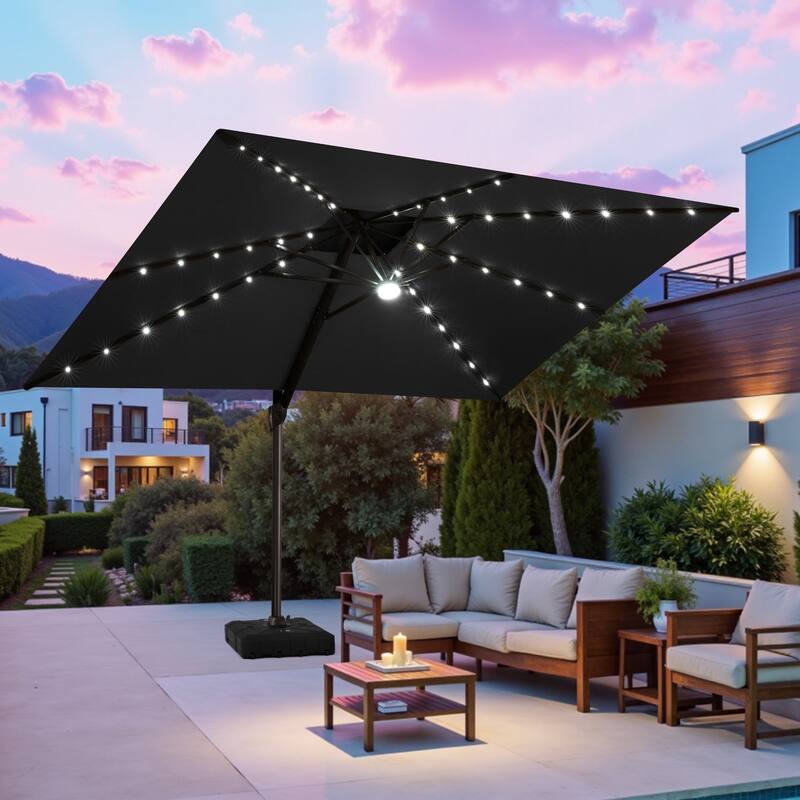 9 x11 FT Double Top LED Lighted Cantilever Patio Umbrella Rectangle with Base - Black with Base