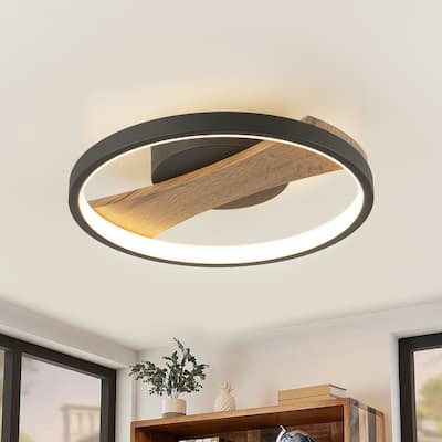 11.8 in. Modern Black Circle Round Wood Integrated LED Semi-Flush Mount Light - 11.8 in. W x 2.5 in. H