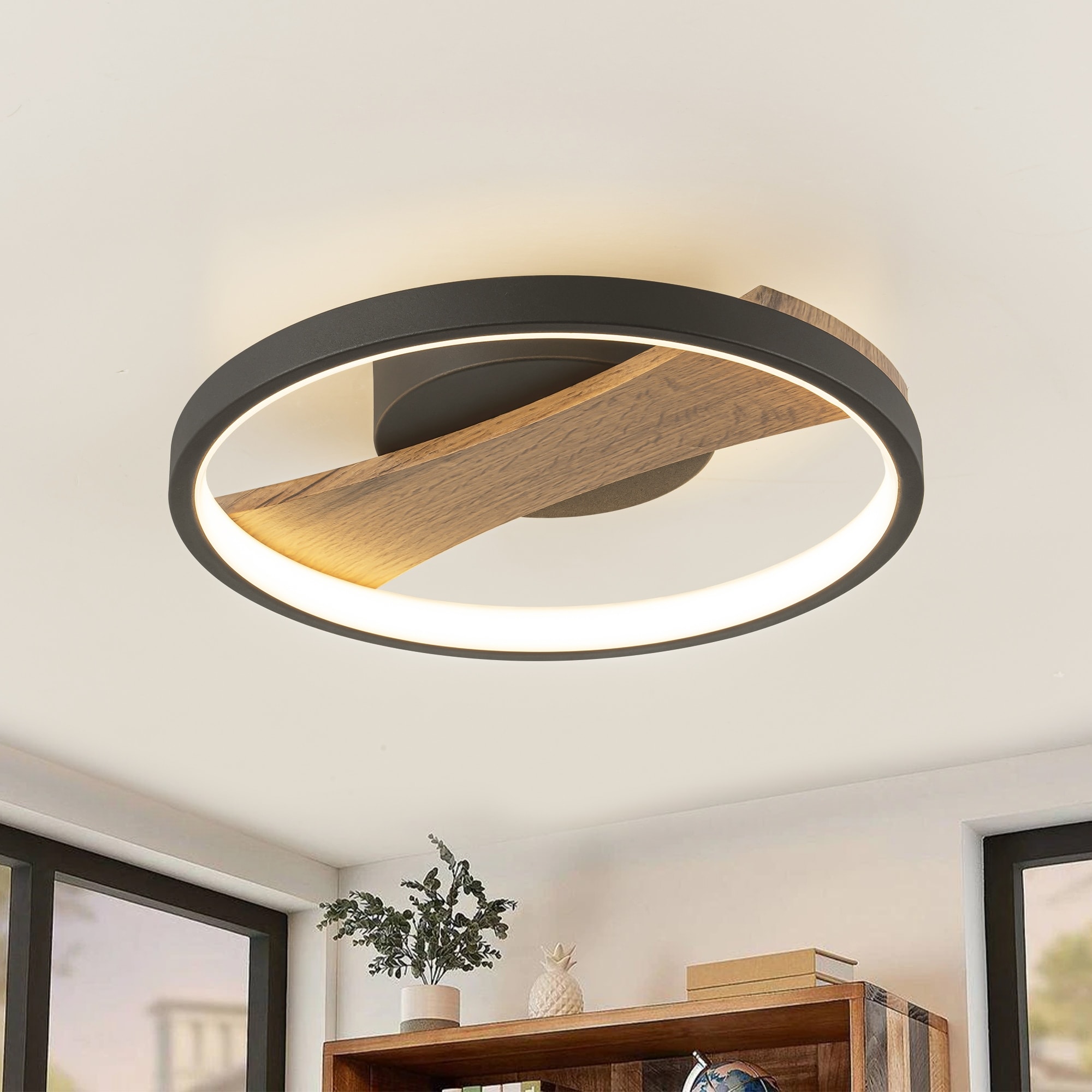 Rennnsan 11.8 in. Modern Black Circle Round Wood Integrated LED Semi-Flush Mount Light - 11.8 in. W x 2.5 in. H