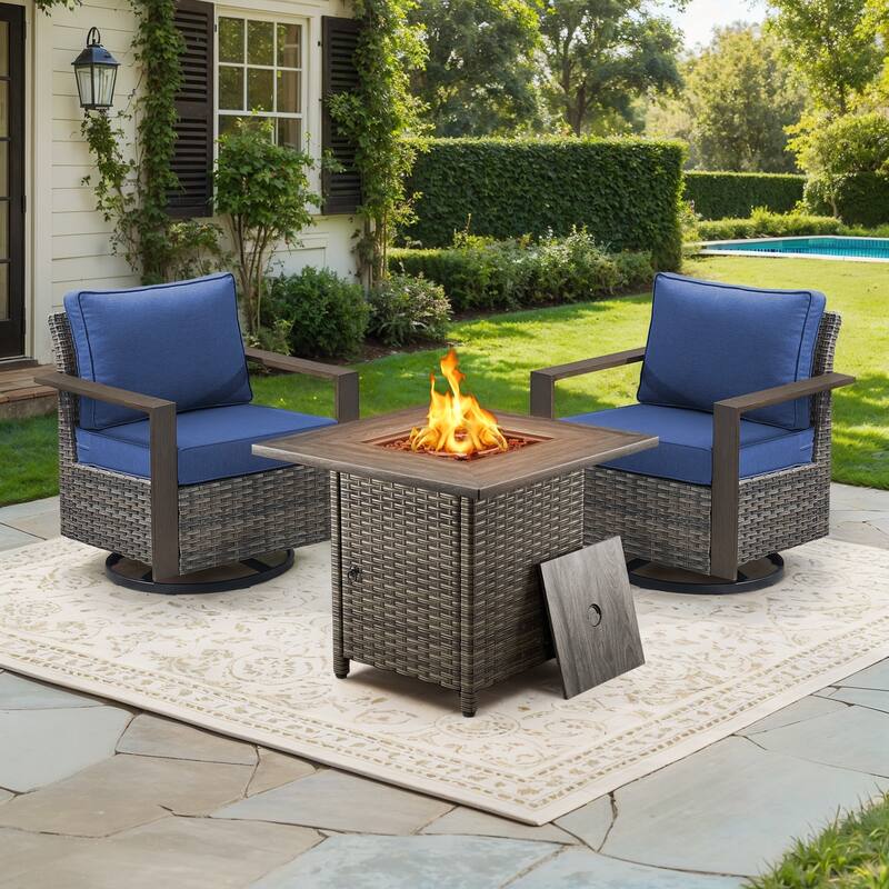 Meyreso 3-Piece Wicker Swivel Glider Fire Pit Set with Plush 4.5" Olefin Cushions