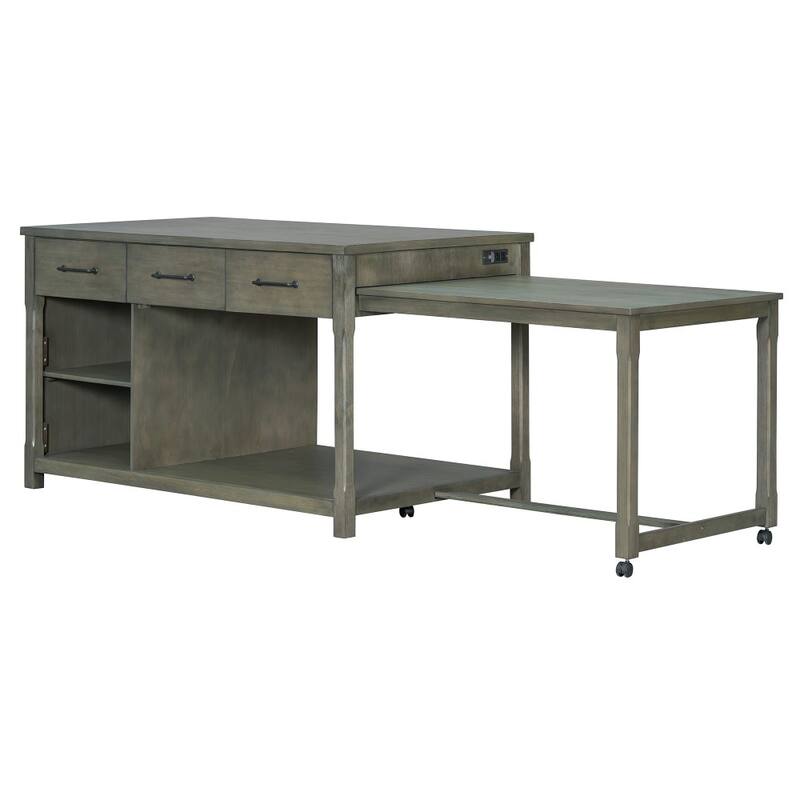 Retro Wooden Extendable Kitchen Island with Built-in Power Outlets and Drawers