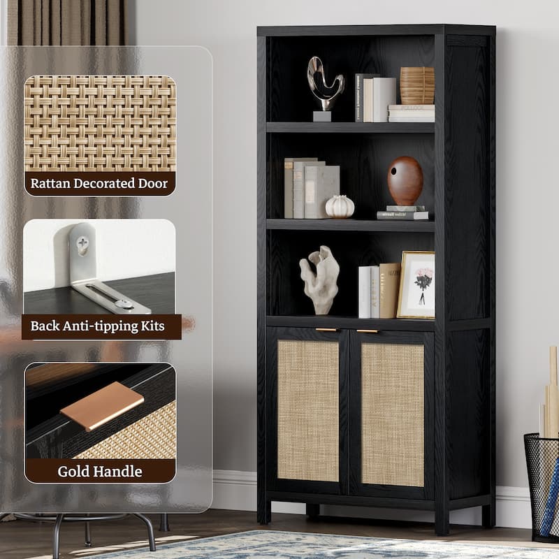 SICOTAS 5 Tier Adjustable Bookcase with Rattan Storage Cabinet