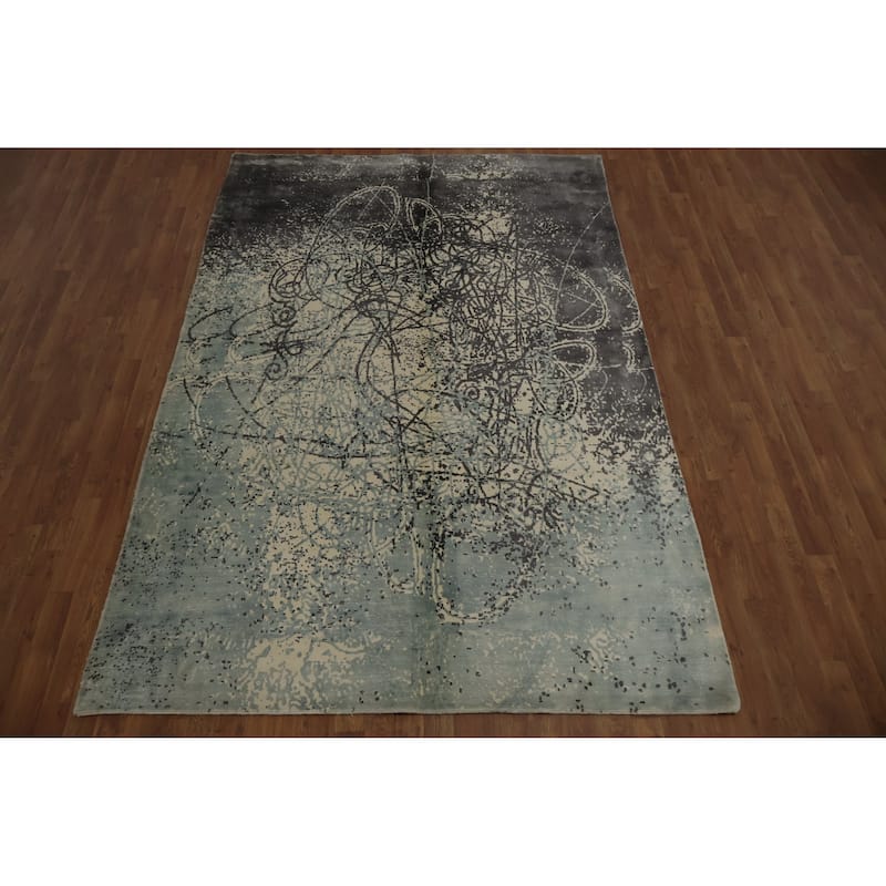 Hand Knotted Oriental Viscose Silk Carpet Modern Contemporary Greys & Charcoal Contemporary Area Rug - 9' 3'' X 6' 3''