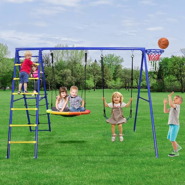 slide 2 of 9, 440lbs Metal Swing Sets for Backyard with Heavy Duty Swing Frame, Saucer Swing,Belt Swing,Climbing Rope,Ladder,Basketball Hoop