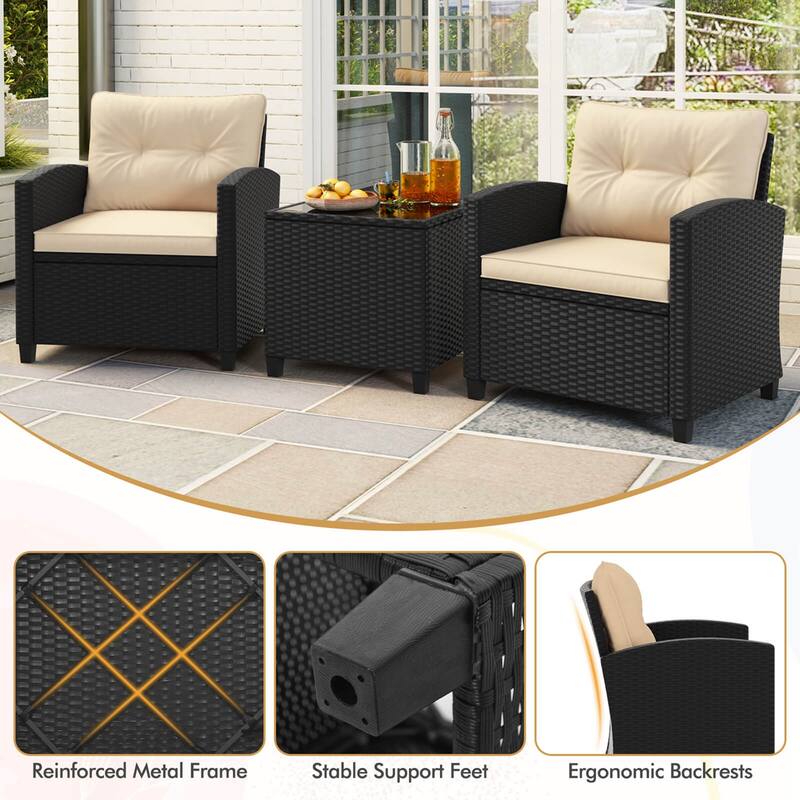 3 PCS Patio Furniture Set Rattan Conversation Set w/ Cushions & Table
