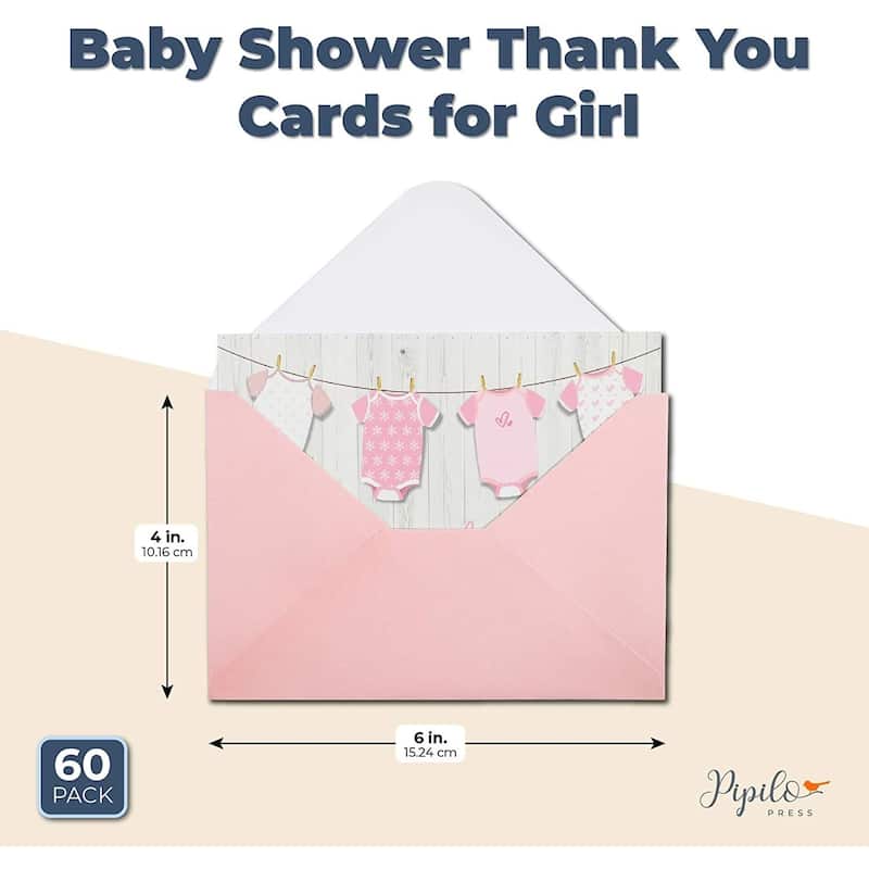 Paper Junkie 60-Pack Girl Baby Shower Thank You Cards with Envelopes and Stickers, 6x4 in