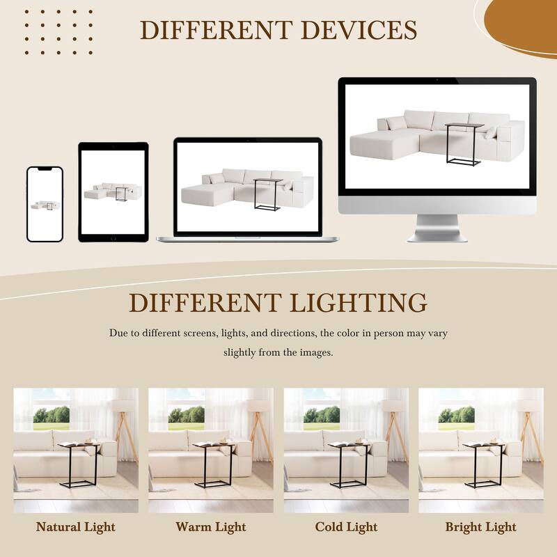 Modular Sectional Sofa with Side Table, Upholstered Cloud Sofa with L-Shaped Chaise Lounge, Full-Compressed Deep Seat Sofa