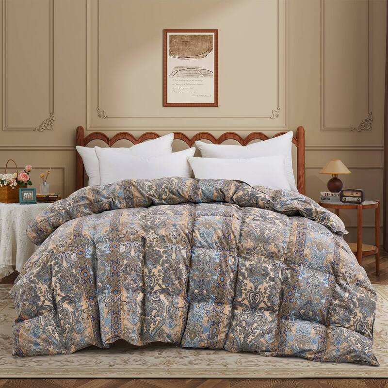 All Season Paisley Floral Printed Vintage White Goose Feather Down Comforter - California King - Baroque Floral