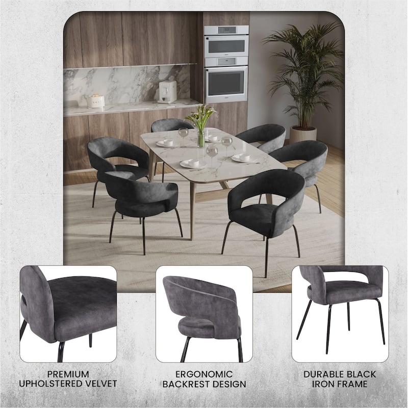Open Back Dining Chair Upholstered in Leather or Velvet with Iron Legs