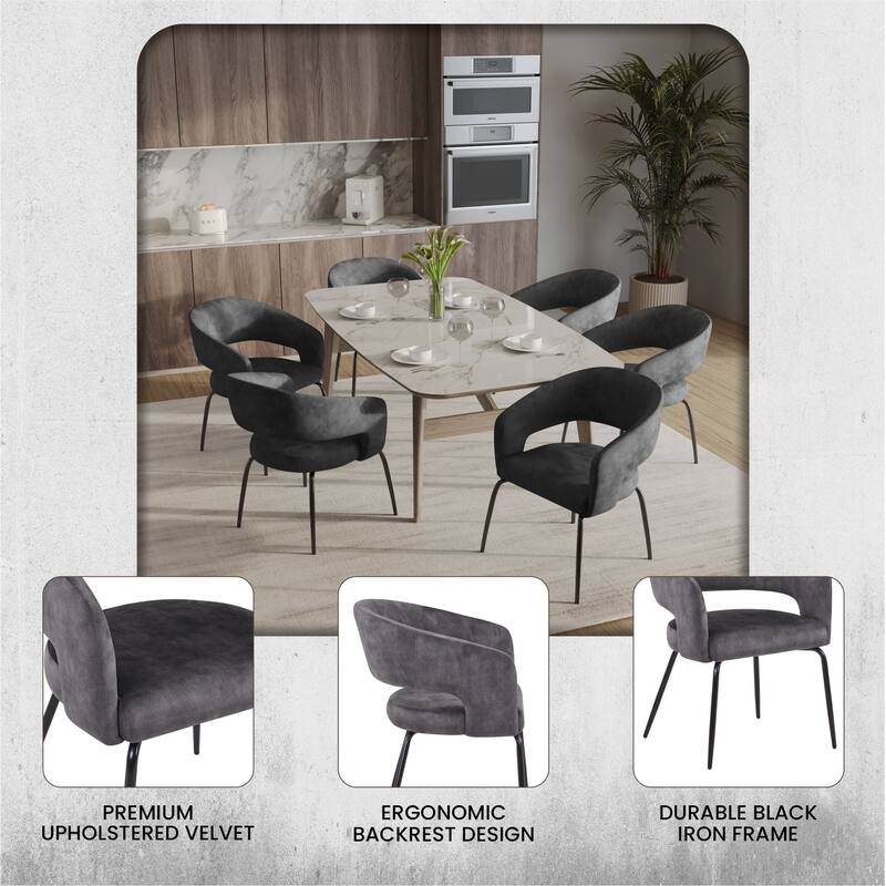 Open Back Dining Chair Upholstered in Leather or Velvet with Iron Legs Set of 4