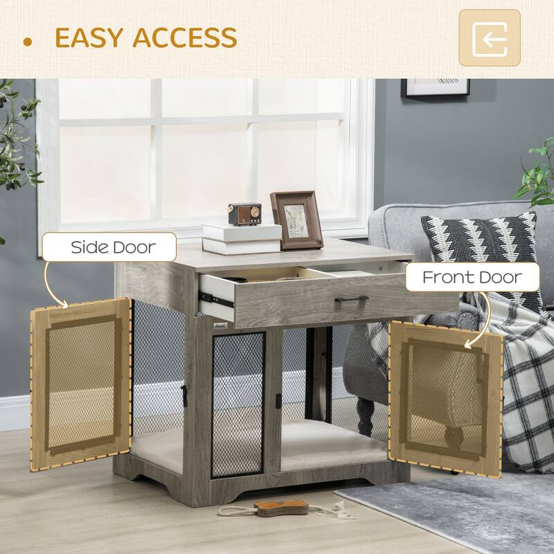 PawHut Dog Crate Furniture with Soft Water-Resistant Cushion, Dog Crate End Table with Drawer - Grey